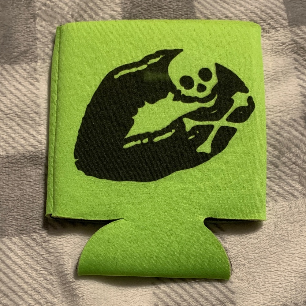 Green Can Cooler with Black Skull Design
